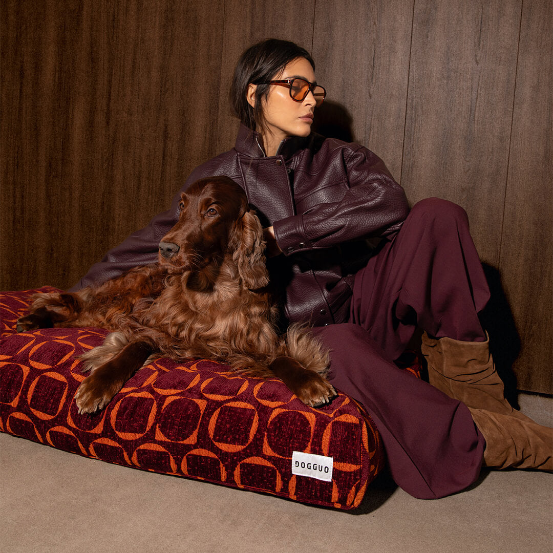 DOGGUO - Retro hondenmand - Bordeaux/Oranje