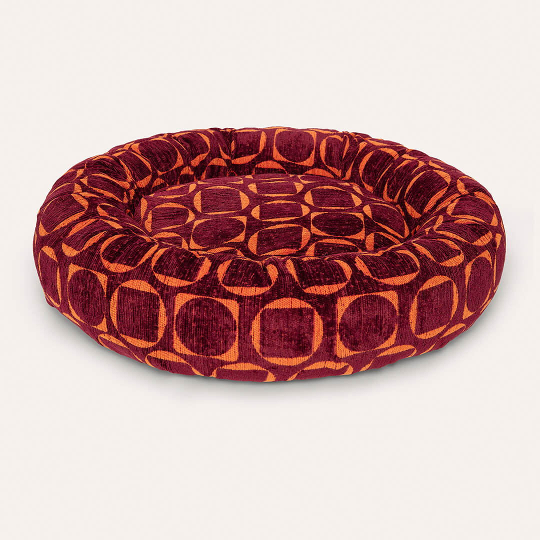 DOGGUO - Retro ronde hondenmand - Bordeaux/Oranje