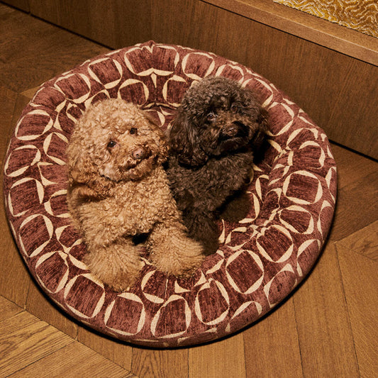 DOGGUO - Retro ronde hondenmand - Bruin/Geel