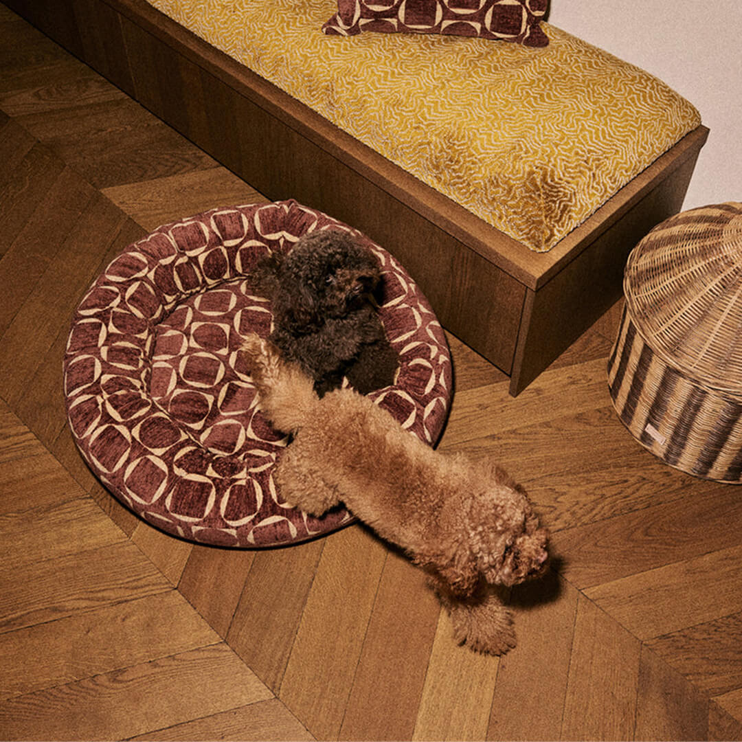 DOGGUO - Retro ronde hondenmand - Bruin/Geel